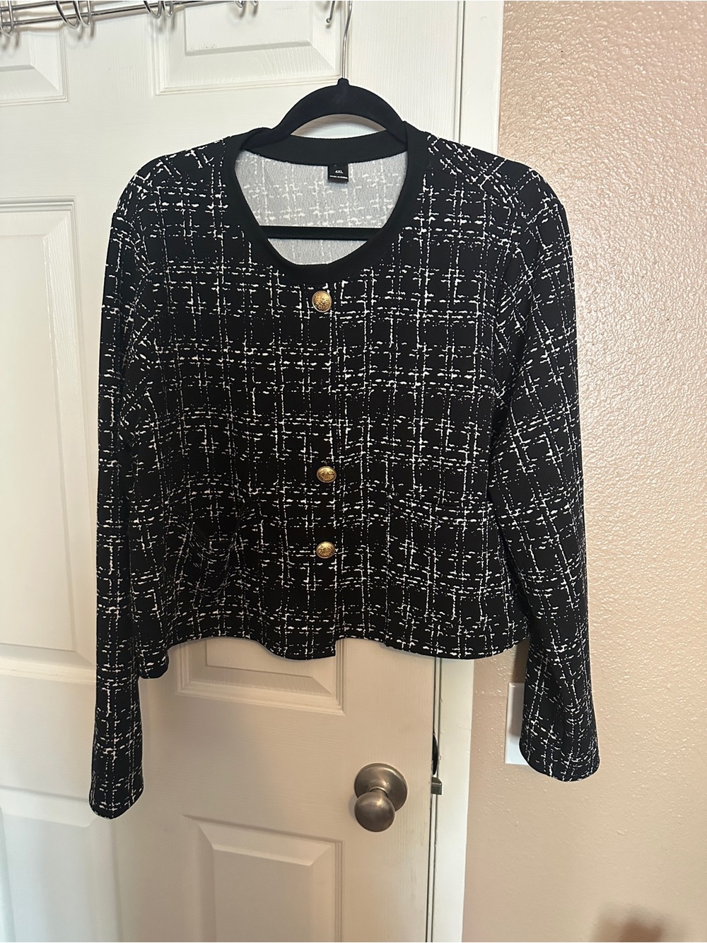 SHEIN Black & White Tweed-Style Button Jacket with Gold Accents